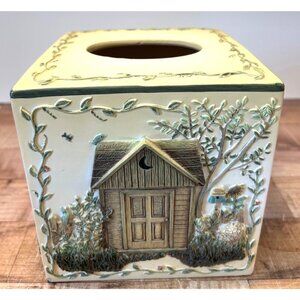 Hand-Painted Cottage-Themed Tissue Box Cover With Rustic Outhouse & Garden Scene